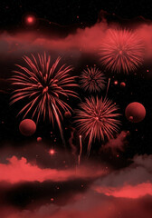 Vibrant red fireworks burst across a dark night sky with clouds