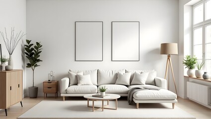 Fototapeta premium a cozy living room interior. The room is elegantly designed with a sofa, side table, rug, lamps and framed pictures