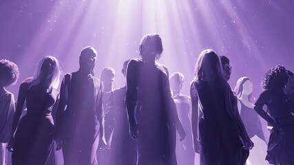 Empowering animation of diverse female silhouettes united. A symbol of solidarity and strength for International Women's Day. Purple background with copy space. - Powered by Adobe