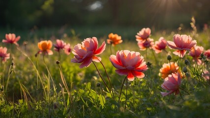 Obraz premium a field of beautiful, colorful flowers in the golden sunlight. The image captures the natural beauty of the plants in their vibrant hues and delicate petals