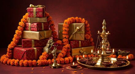 Ornate Diwali sweet boxes with traditional Indian mithai visible inside, decorated with gold foil and ribbons, arranged with sparkler lights creating bokeh effect, festive food gifting, premium sweet 
