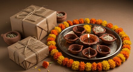 Sustainable Diwali gift boxes wrapped in recycled paper and natural jute, placed with traditional puja thali using clay diyas, organic flowers, eco-friendly sparklers, green celebration