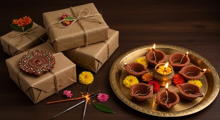 Sustainable Diwali gift boxes wrapped in recycled paper and natural jute, placed with traditional puja thali using clay diyas, organic flowers, eco-friendly sparklers, green celebration