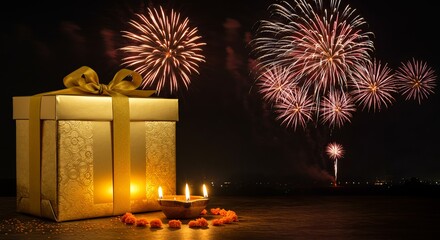 Premium Diwali gift boxes wrapped in gold and red paper with traditional motifs, tied with silk ribbons, placed on decorated surface with lit diyas and sparklers creating golden light