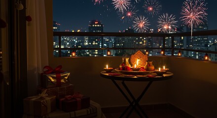puja thali arrangement, lit diyas, marigold garlands, offerings, fireworks lighting up sky visible through window, warm divine lighting, traditional goddess worship, festive spiritual atmosphere