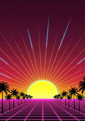 Retro sunset over digital grid with palm trees