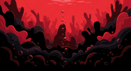 Surreal underwater scene with dark coral formations and glowing red light