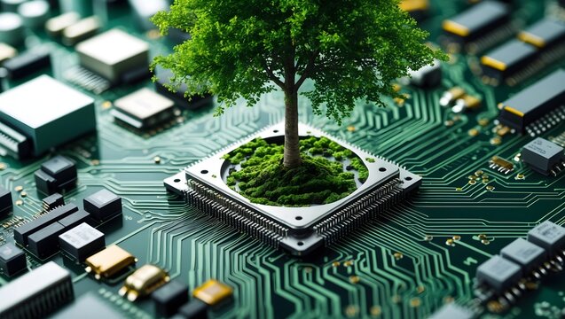 a tree growing from an electronic circuit board, symbolizing green technology and environmental sustainability