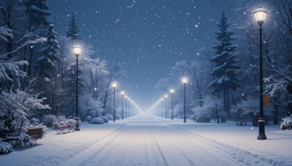 Nighttime snow falling gently under glowing street lamps