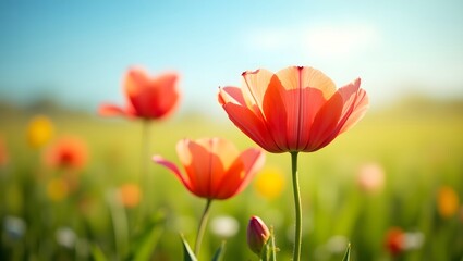 Fototapeta premium a vibrant field of blooming red tulips basks in the warm glow of sunlight against the backdrop of a clear blue sky. The scene evokes feelings of spring