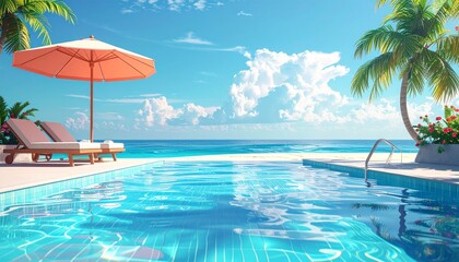 Obraz premium swimming pool with beach umbrella and chairs. Summer vacation concept. 3d rendering