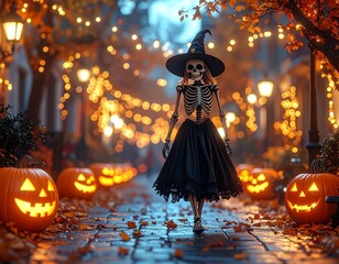 Super realistic and cartoon variations of Halloween skeleton witch illustration with pumpkins, moon, and negative space. AI generated, perfect for posters and commercial use.