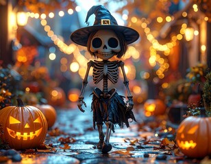 Super realistic and cartoon variations of Halloween skeleton witch illustration with pumpkins, moon, and negative space. AI generated, perfect for posters and commercial use.