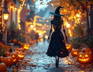 Super realistic and cartoon variations of Halloween skeleton witch illustration with pumpkins, moon, and negative space. AI generated, perfect for posters and commercial use.
