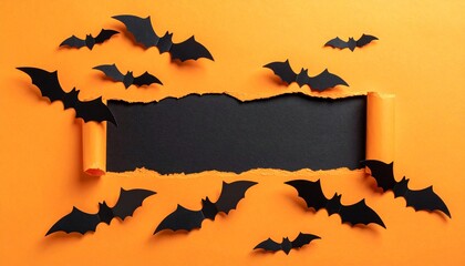 An orange Halloween-themed paper background featuring a black  torn opening with black paper bats appearing to fly out of the hole,  a playful design perfect for spooky creative projects