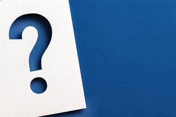 Paper question mark cutout on deep blue background. Minimal FAQ or support banner with copy space. Clean Q&A template for help center.