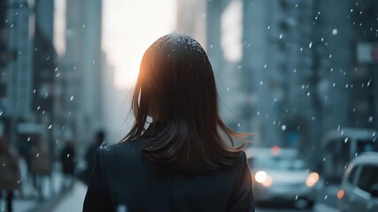 雪が降る中出勤する日本人女性