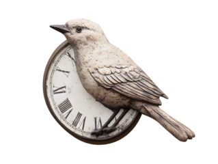 Beige bird sits on clock, detailed surface, casts soft shadows. For product display, conceptual design, or symbolic social media.