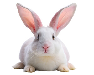 Adorable white rabbit with long pink ears sitting looking forward isolated on transparent background