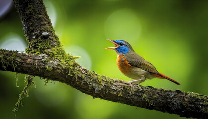 Fototapeta premium Colorful small bird with blue and orange feathers calling out on mossy twisted tree limb in lush green forest background with shallow depth of field and natural light