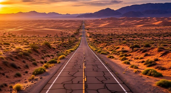 Desert Road at Sunset - A Journey into the Horizon.