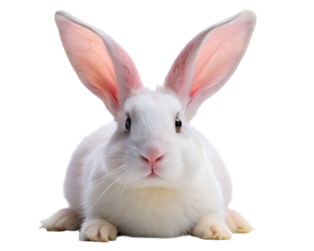 Adorable white rabbit with long pink ears sitting looking forward isolated on transparent background