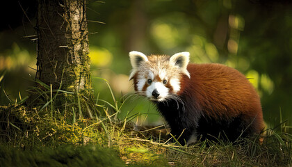 Red panda standing near tree in shaded forest clearing with soft ambient lighting and earthy textures creating calm natural atmosphere