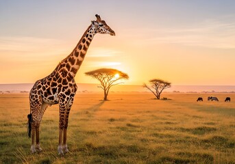 Giraffe in African Savannah at Sunset - A Majestic Wildlife Scene.