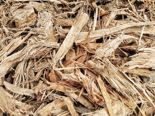 close-up of a pile of organic material consisting of wood chips, wood mulch, wood shavings, or wood chips, light brown to reddish brown and dark brown in color
