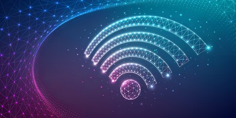 Abstract glowing digital wifi symbol with network connections and particles