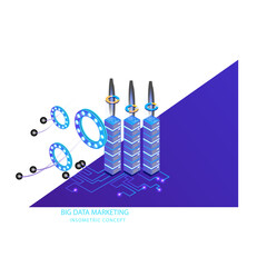 Abstract Digital Towers Connected By Glowing Blue Rings On A Purple And White Background Representing Big Data Marketing Discovery Concept