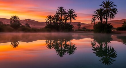 Serene desert oasis reflecting palm trees during a colorful dawn