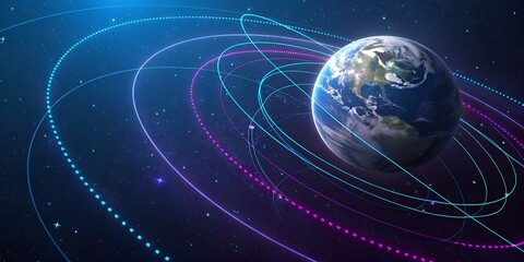 Obraz premium Earth surrounded by glowing digital data streams and orbital paths in space