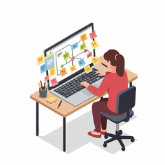 Isometric Flat Illustration Woman Working on Laptop with Workflow Diagram