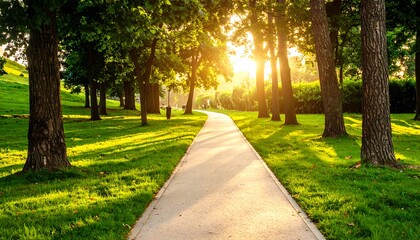 Sunny Pathway Through Lush Park.