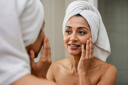 Mature middle aged Indian woman touching her face in mirror reflection for skin care and cosmetics
