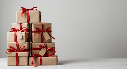Stacked gift boxes tied with red ribbons on a white wooden surface against a plain grey background