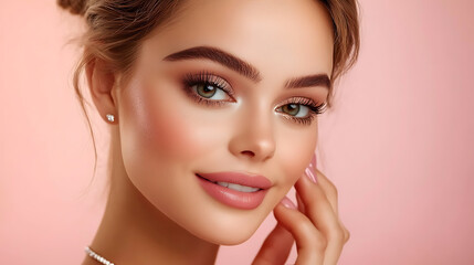 Fototapeta premium Close-up portrait of a beautiful woman with flawless makeup, soft smile, and delicate jewelry against a soft pink background. Beauty and elegance.