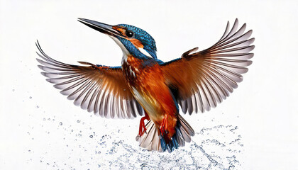 Obraz premium Kingfisher bird flying upward with wings extended and water droplets frozen mid air, vibrant blue and orange feathers create dynamic and lively scene full of energy and motion