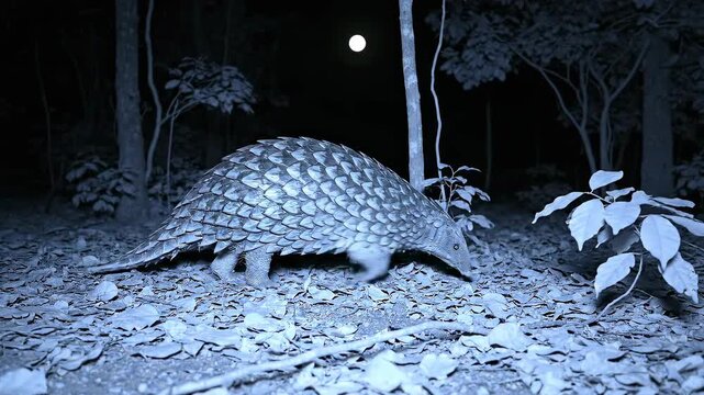 Pangolin walking in a dark forest under the moonlight