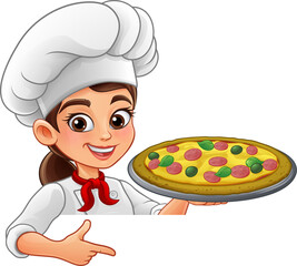 Cartoon chef woman happily presenting a large pizza tray with toppings of pepperoni and basil, smiling proudly. Fun and colorful design for food branding or pizza delivery promotions.