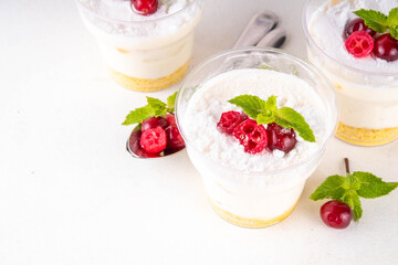 Christmas portioned cheesecakes in glass, made from golden sugar cookie crumble, layered with white mascarpone cream cheese, sugar powder and cranberry decor, copy space