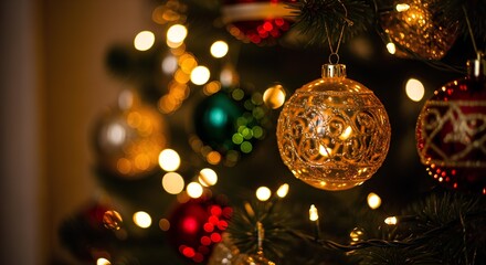 Close-up of a beautifully decorated Christmas tree, sparkling with shimmering golden baubles and vibrant ornaments, glowing with warm, twinkling lights, embodying the joyous holiday spirit