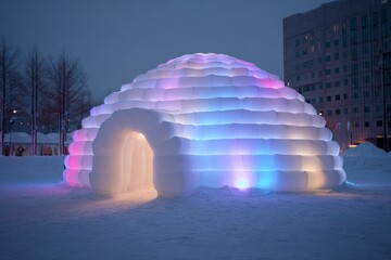 A large ice igloo is brightly lit by colorful lights in the evening. Snow covers the ground, and nearby buildings create an urban backdrop. The atmosphere is festive and inviting