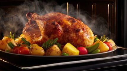 Fototapeta premium A succulent roasted chicken with vegetables, steaming and golden-brown, presented in an oven, highlighting a delicious meal.
