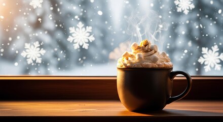 Warm Winter Beverage with Snowflakes Cozy Scene of Hot Chocolate and a Window View