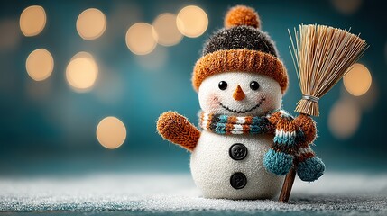 Top-view smiling snowman on snowy field: soft blue sky, broom pointing at camera, copy space for New-Year wish, brand card hero