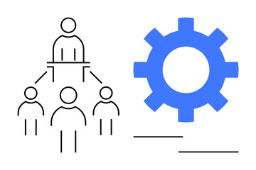 Leader directing team connects with a cogwheel symbolizing collaboration, workflow, and efficiency. Ideal for leadership, teamwork, management, productivity, organization, innovation simple flat