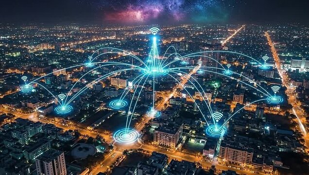 An illuminated aerial view of a city, nighttime, with connected wireless signals over buildings