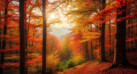 Autumn Forest Landscape Trees with Vibrant Fall Colors under Warm Sunlight